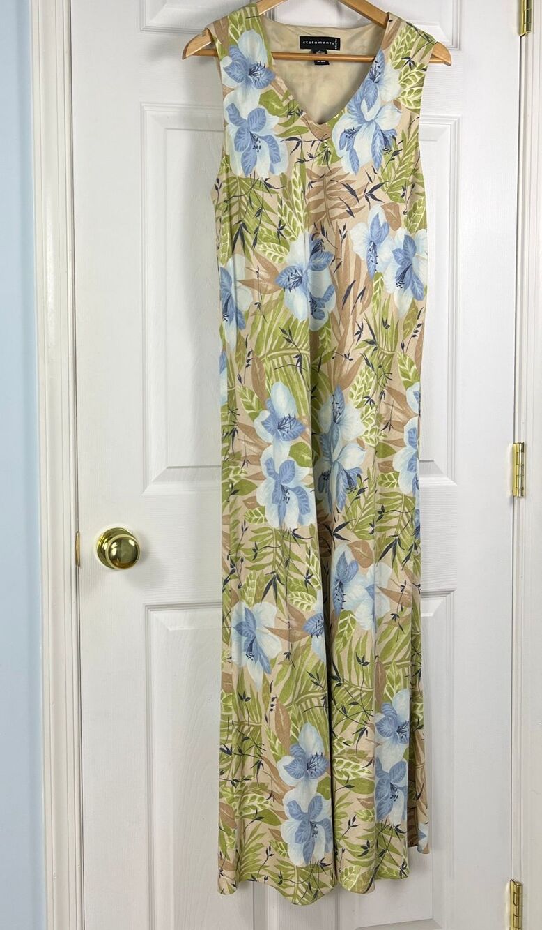 Statements Bon Ton Linen Blend Midi Dress Floral Print Tan Blue Green Size 16